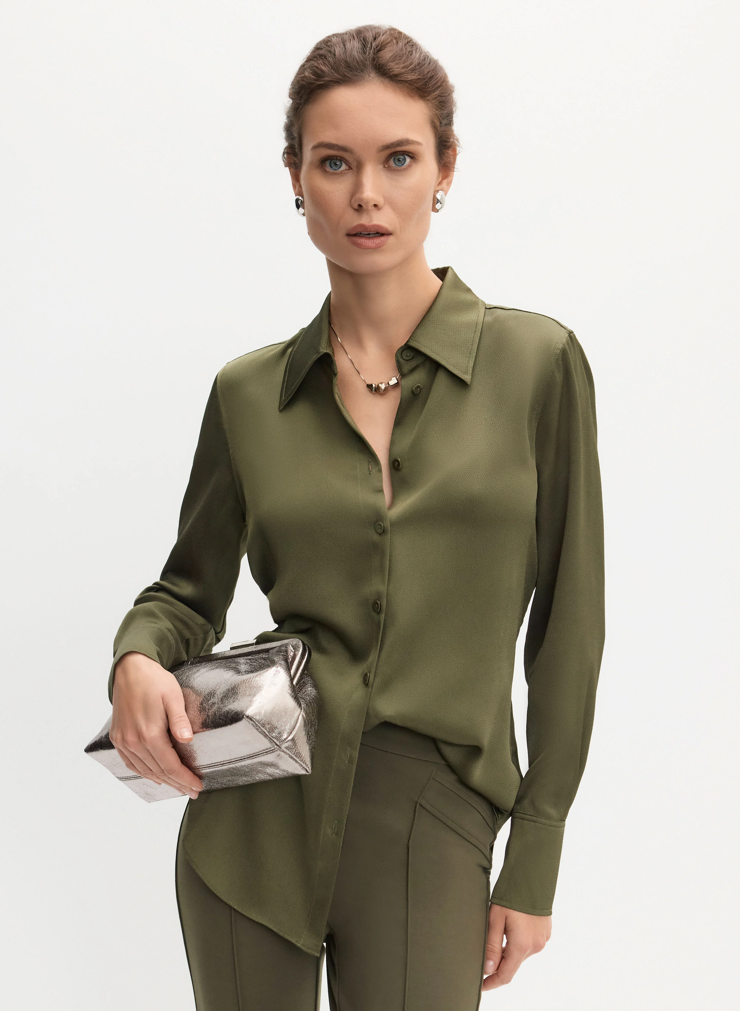 Button-Front Satin Blouse