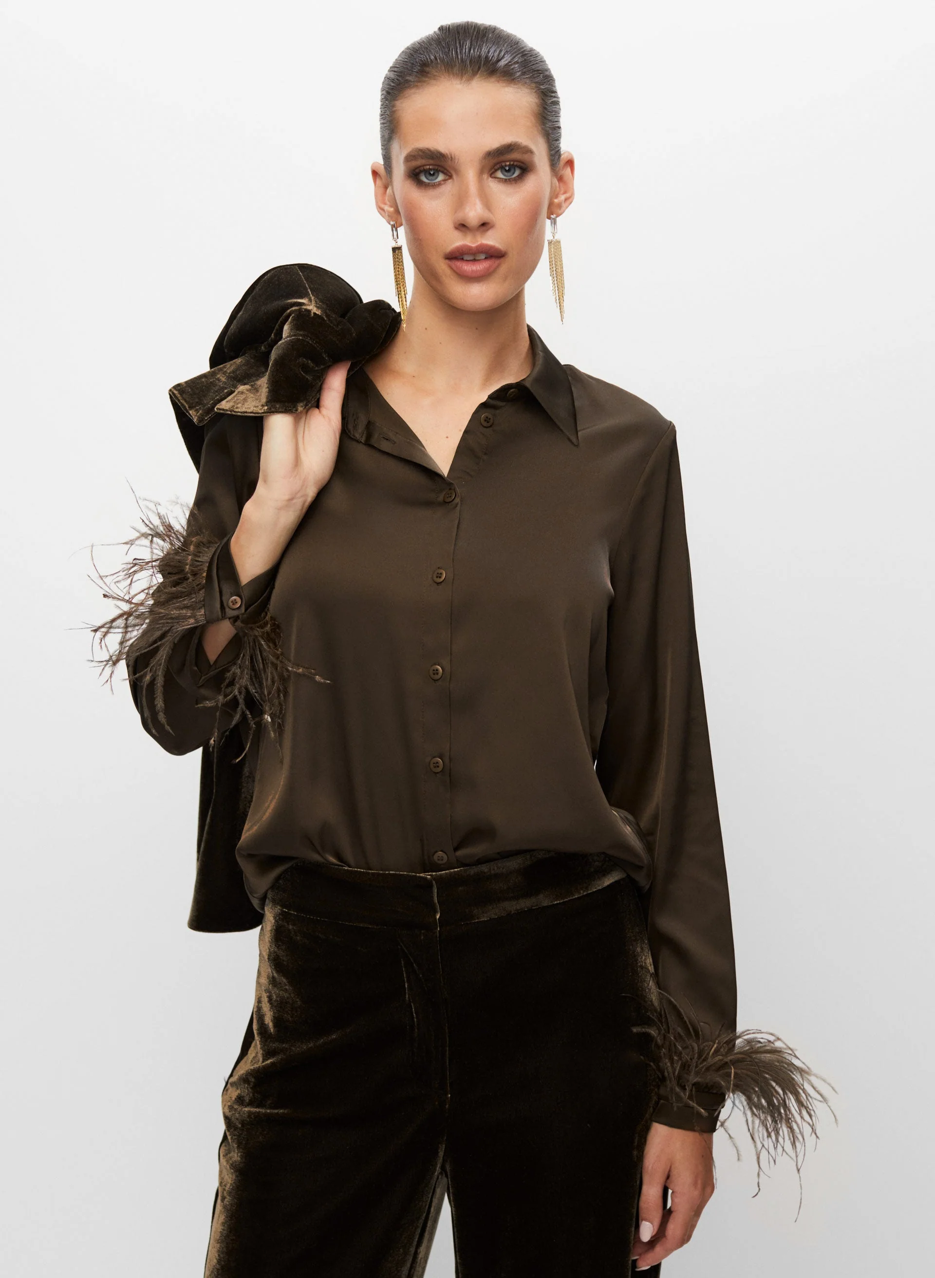 Feather Cuff Satin Blouse