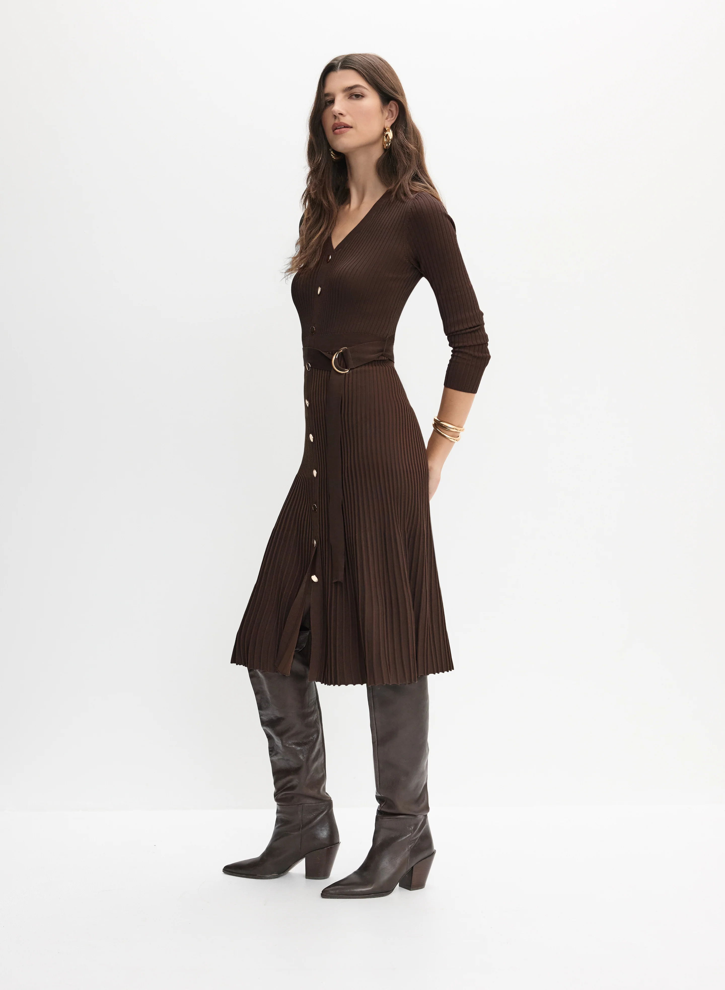 Ribbed Knit Plissé Hem Dress