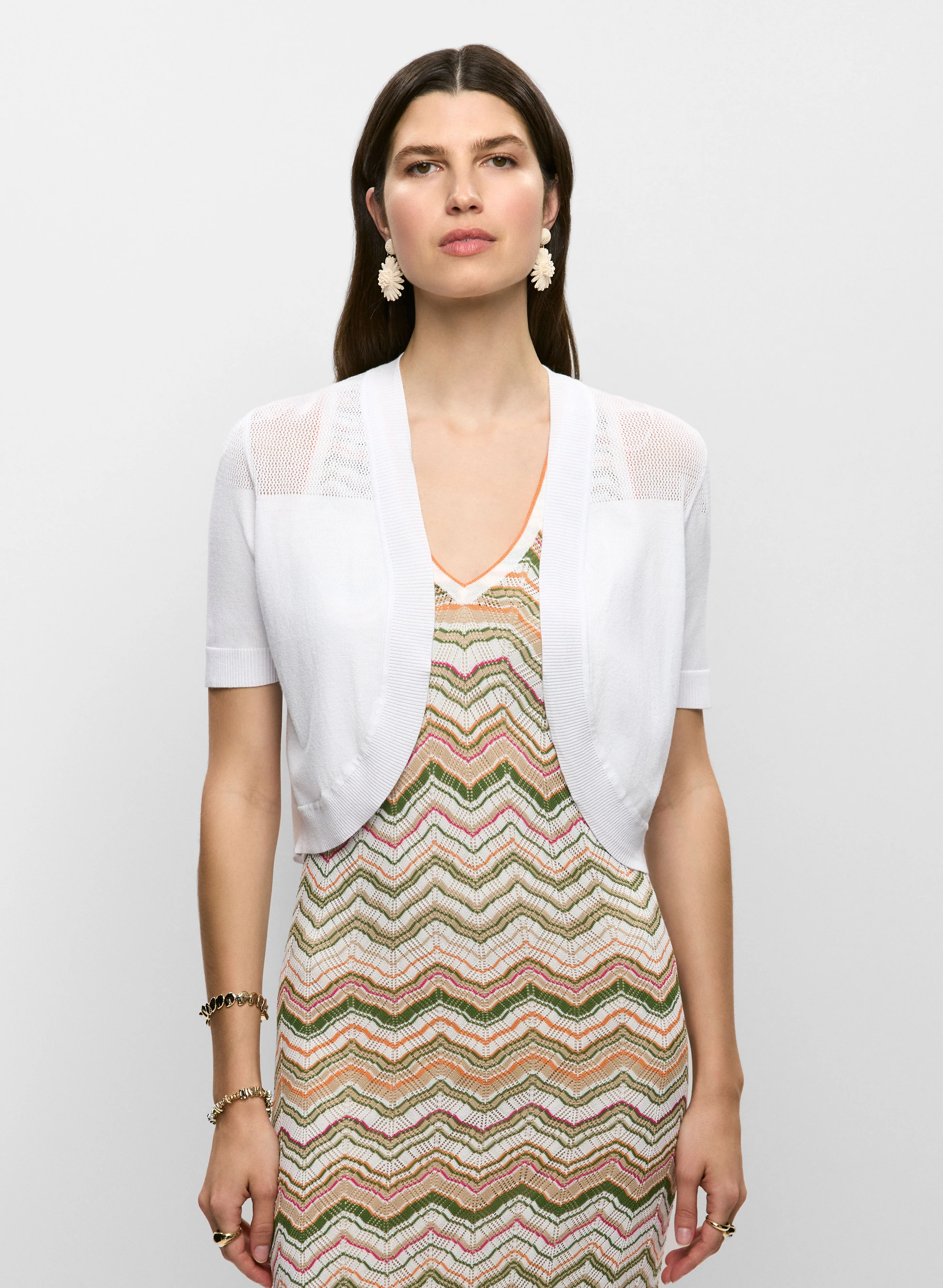 Elbow Sleeve Openwork Knit Bolero