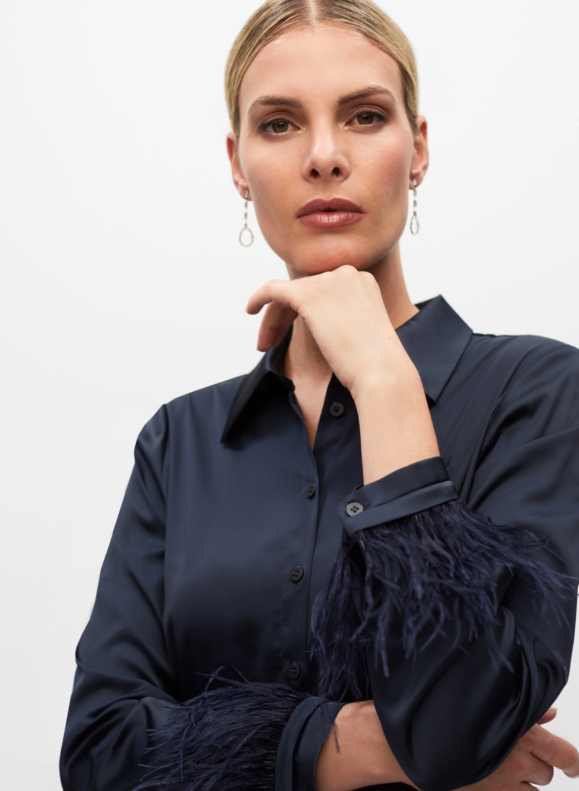 Feather Trim Satin Blouse
