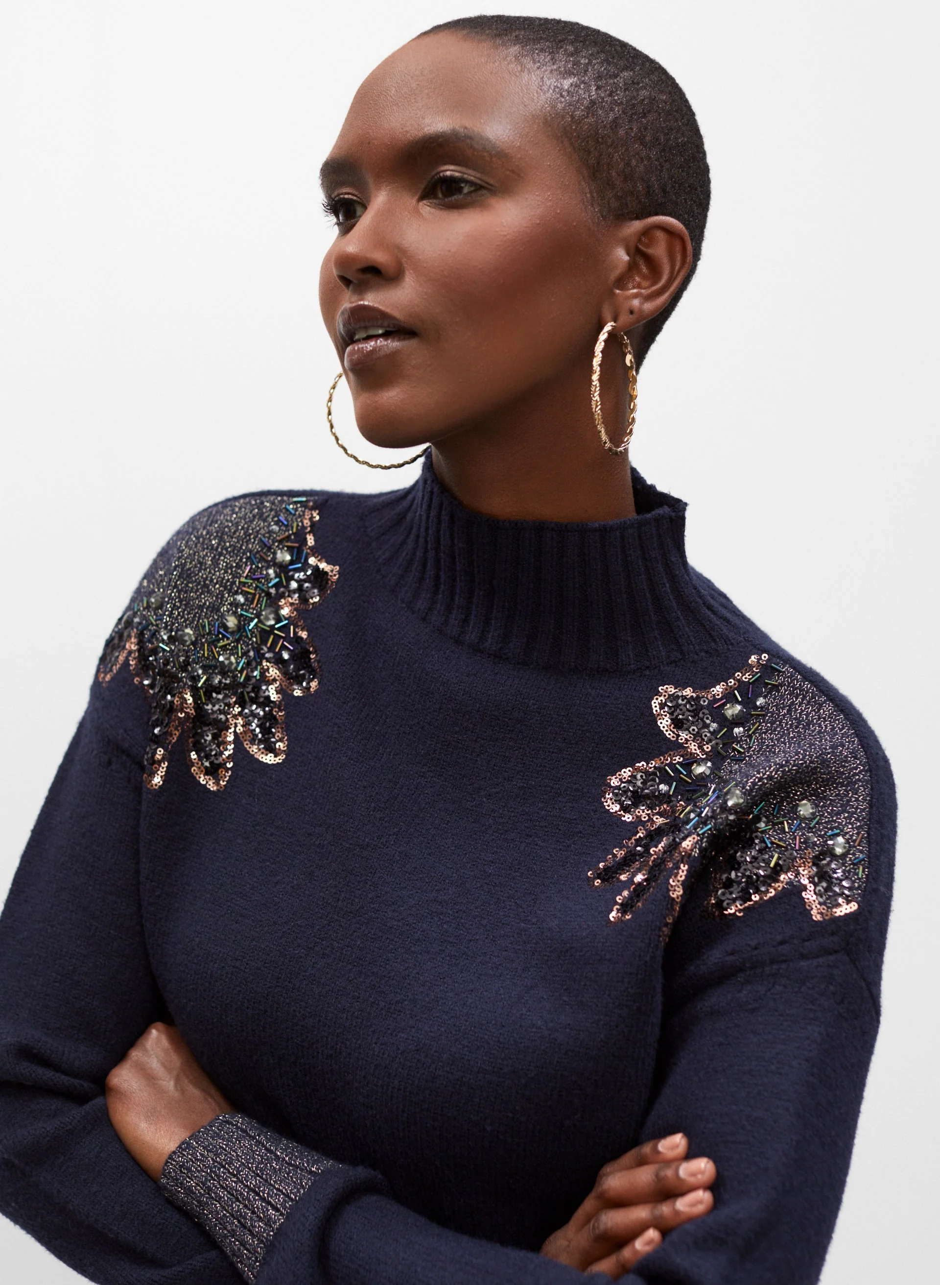 Sequin Detail Mock Neck Sweater