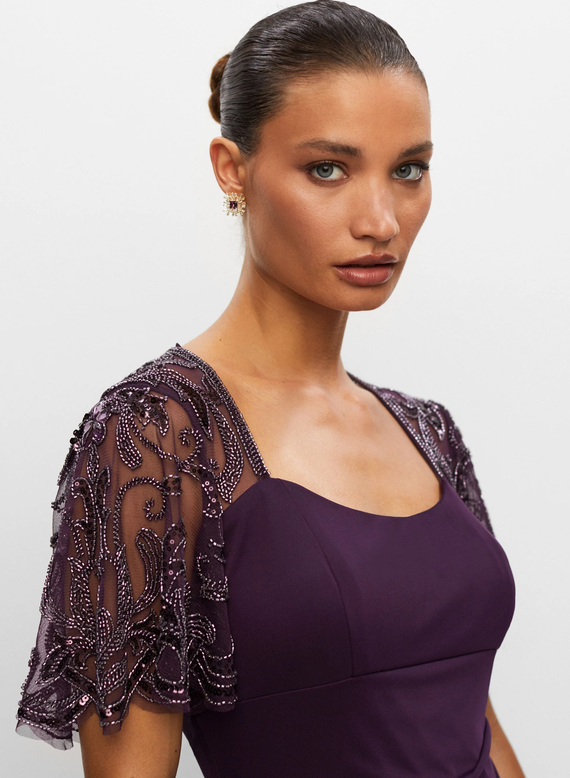 Beaded Sleeve Chiffon Dress