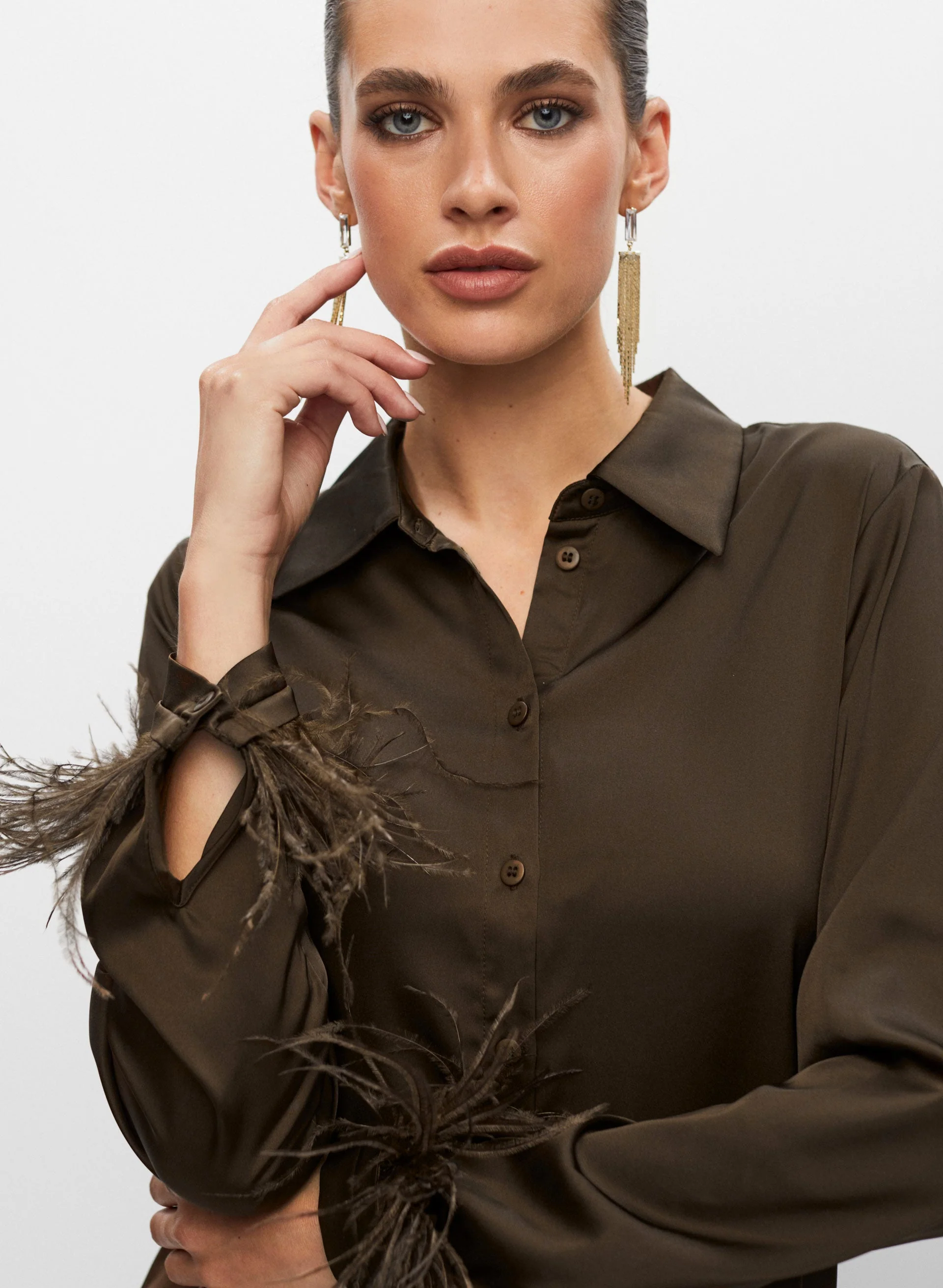 Feather Cuff Satin Blouse