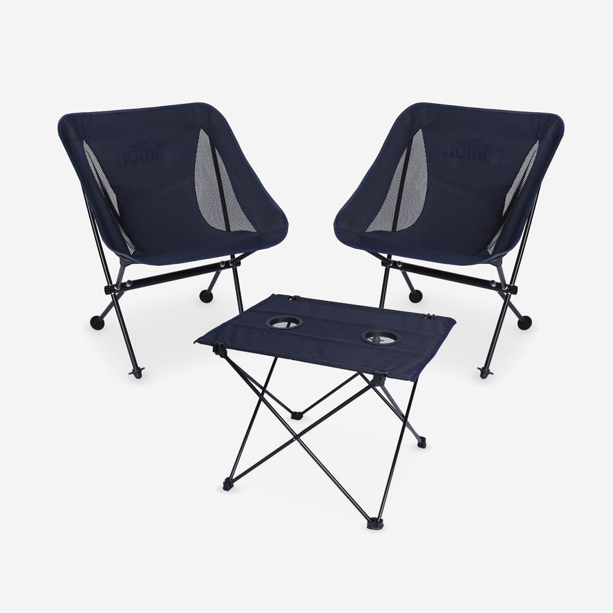 2x Camping Chair Premium Compact + Camping Table Premium (Set) | Dark navy