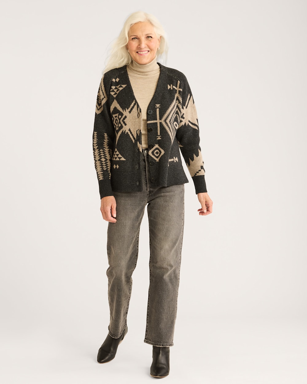 WOMEN'S LAMBSWOOL MIXED GRAPHIC CARDIGAN