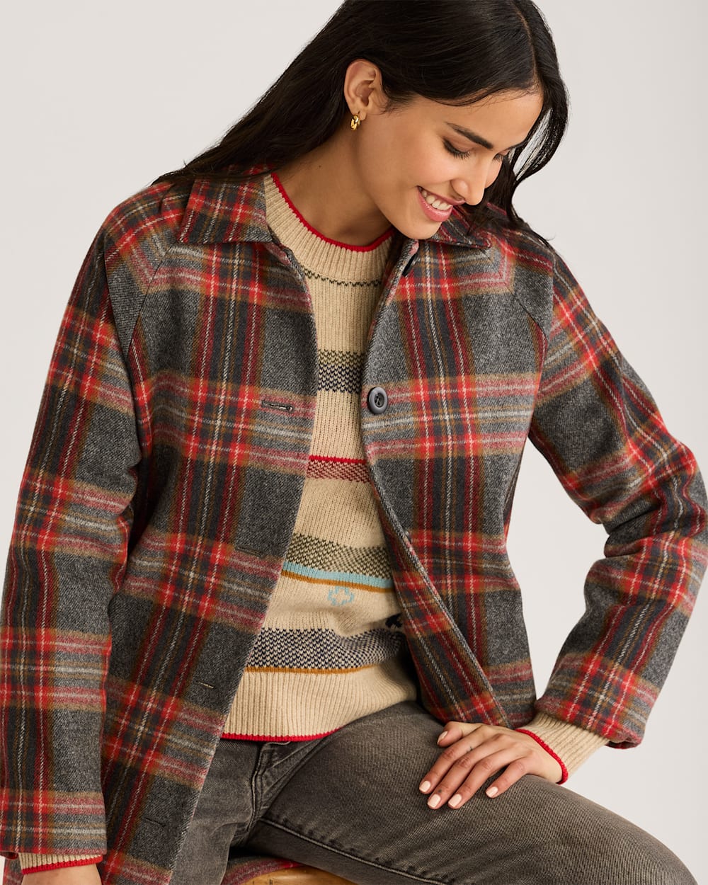 WOMEN'S PLAID WOOL MAC COAT