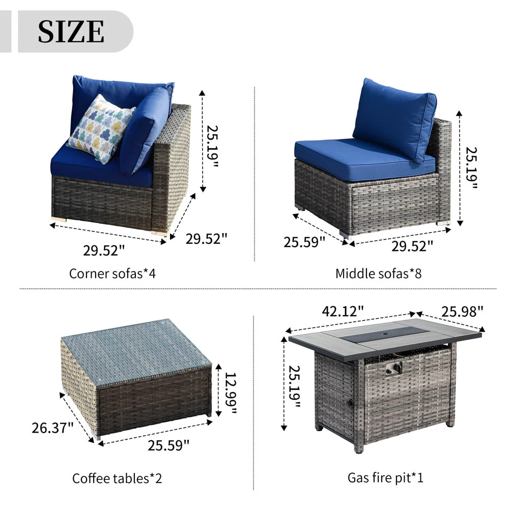 Ovios Patio Furniture Set 15-Piece with 42.12'' Fire Pit and Glass Table