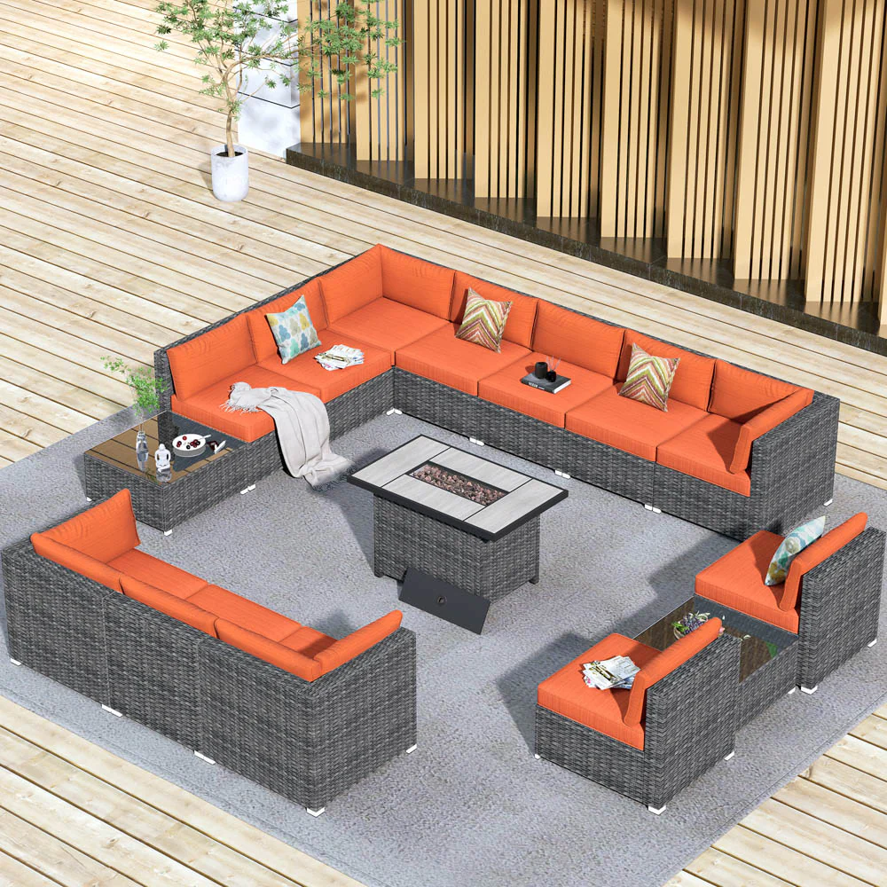 Ovios Patio Furniture Set 15-Piece with 42.12'' Fire Pit and Glass Table