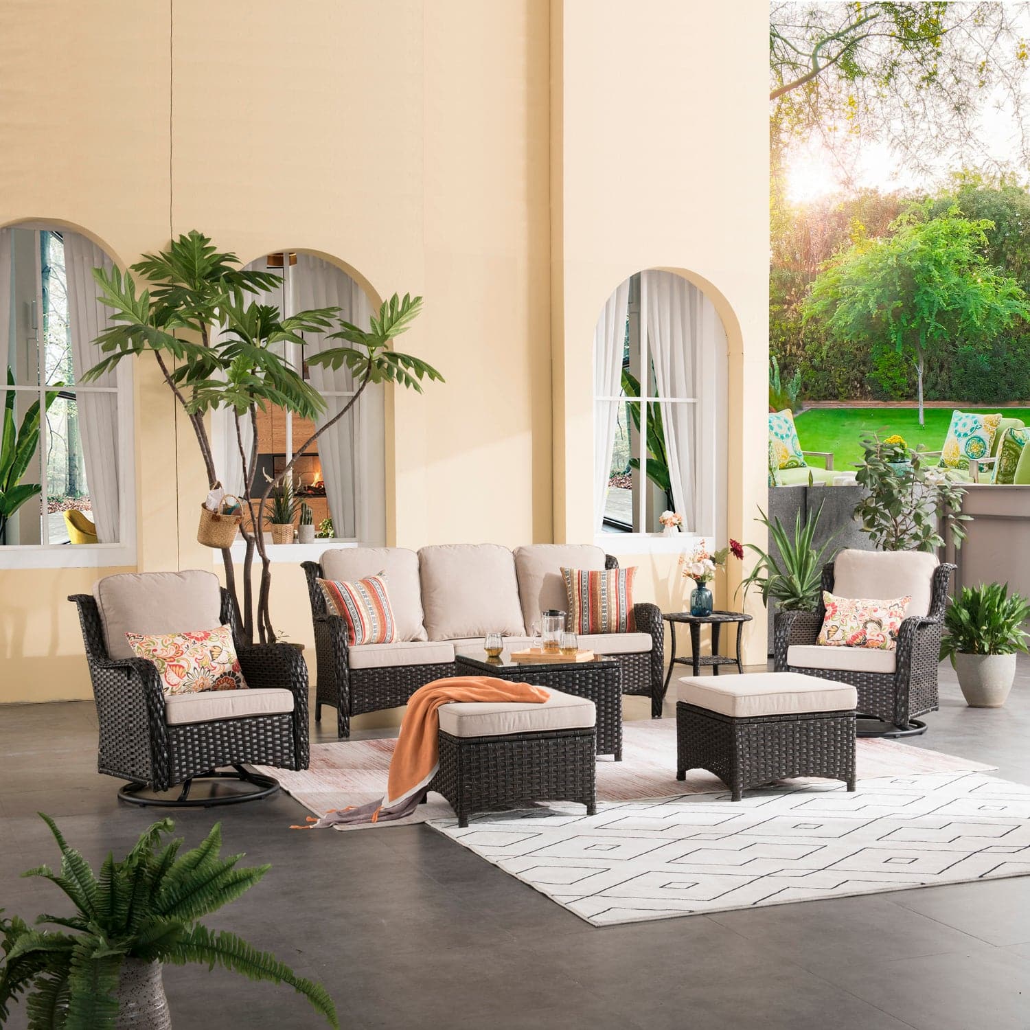 Ovios Patio Conversation Set 7-Piece with Swivel Chairs and Table Kenard