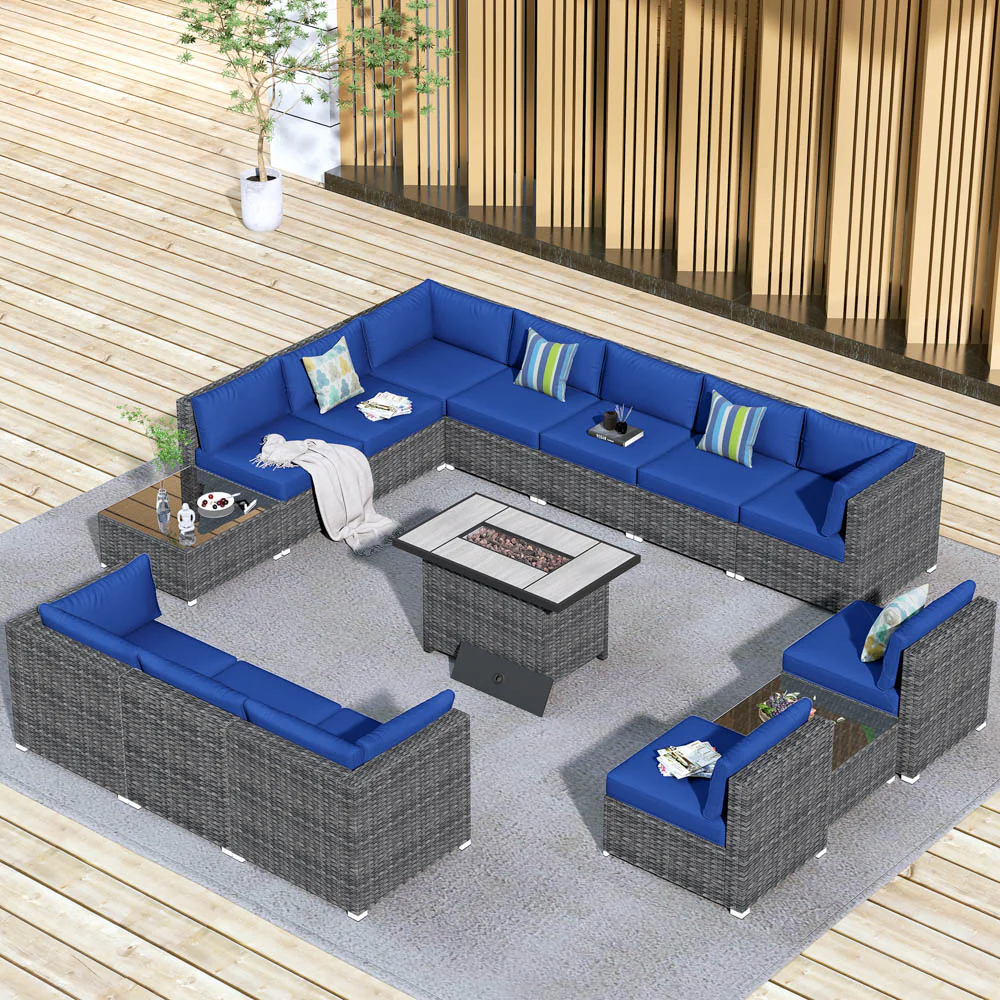 Ovios Patio Furniture Set 15-Piece with 42.12'' Fire Pit and Glass Table