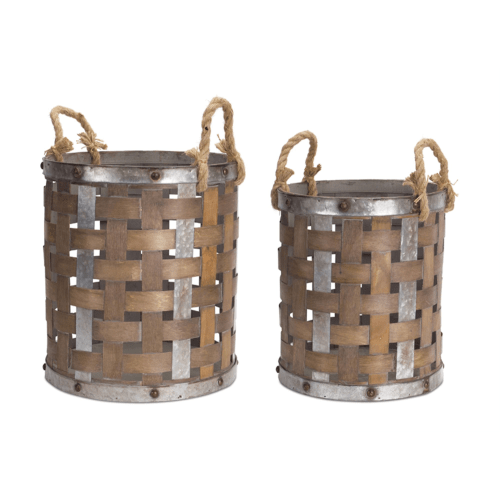 Melrose International Woven Wood Pail with Rope Handle Set of 2