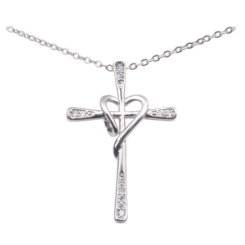 Amanda Blu 18'' Silver Pave Cross Heart Necklace