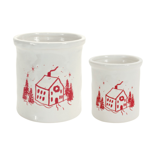 Melrose International Clay Crocks with House Scene Set of 4