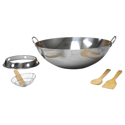 King Kooker 22'' Stainless Steel Wok with Ring and Bamboo Tools