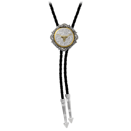 Montana Silversmiths Silver and Gold Engraved Button Bolo Tie