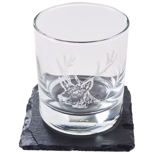 Selbrae House Stag Glass Tumbler and Slate Coaster Set