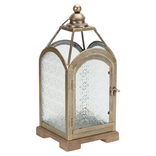 Melrose International Pewter Metal Lantern with Ornate Glass