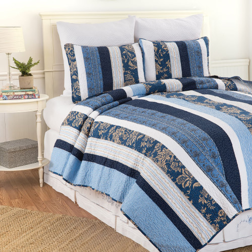 C&F Home Lakeland Blue Stripe Pieced Quilt Set