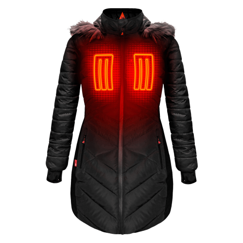 ActionHeat 5V Heated Long Puffer Jacket with Hood for Ladies