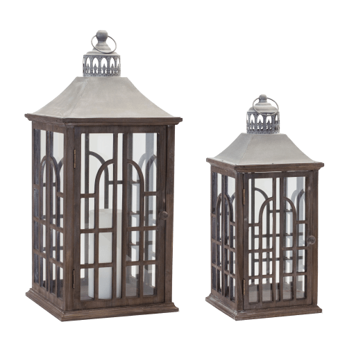 Melrose International Wood Lanterns with Metal Lids Set of 2