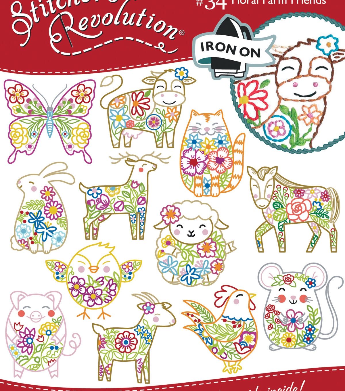 Stitcher's Revolution 7 Floral Farm Friends Iron On Transfers 12ct