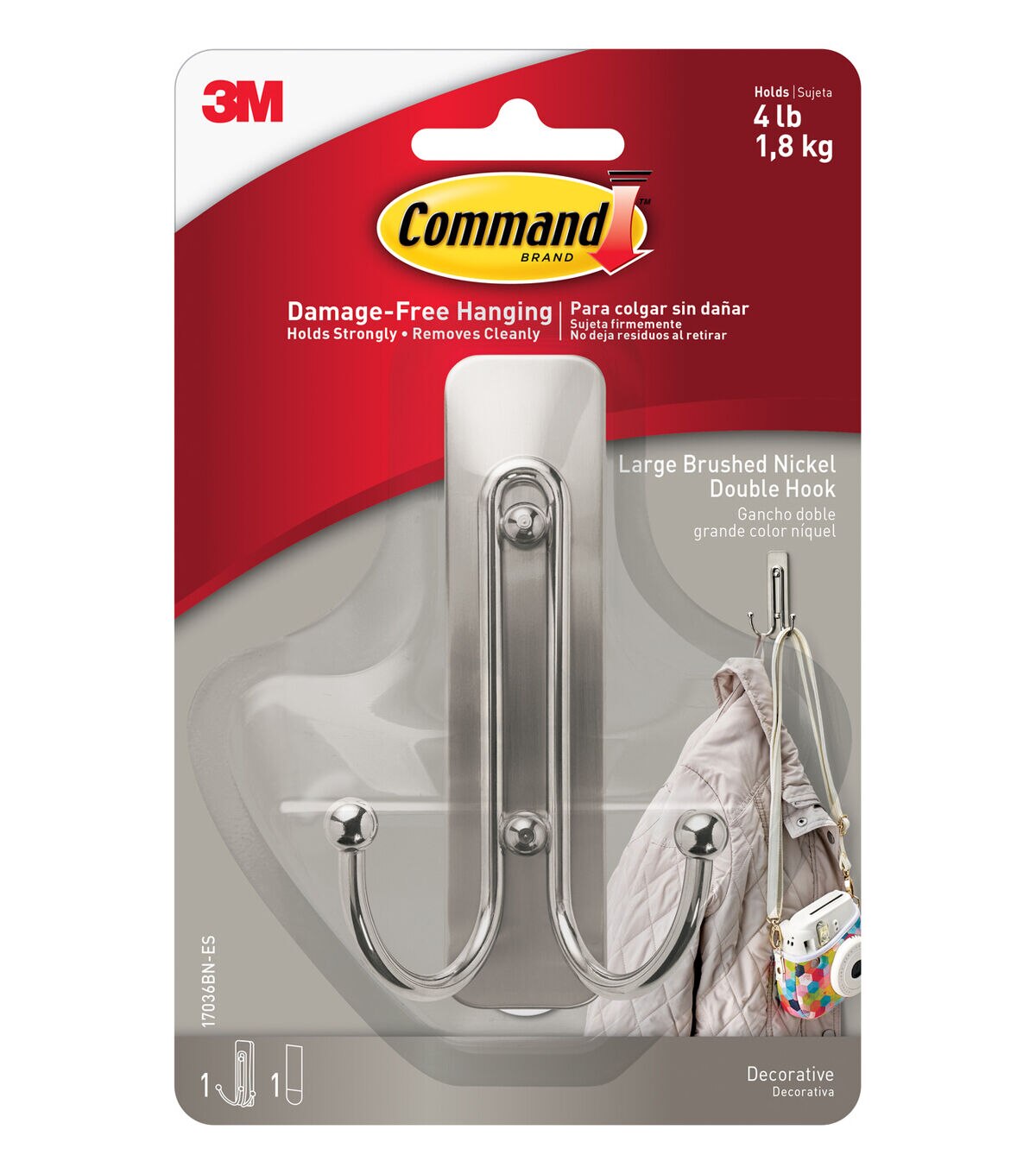 Command 4lbs Brushed Nickel Large Decorative Double Hook & Strip