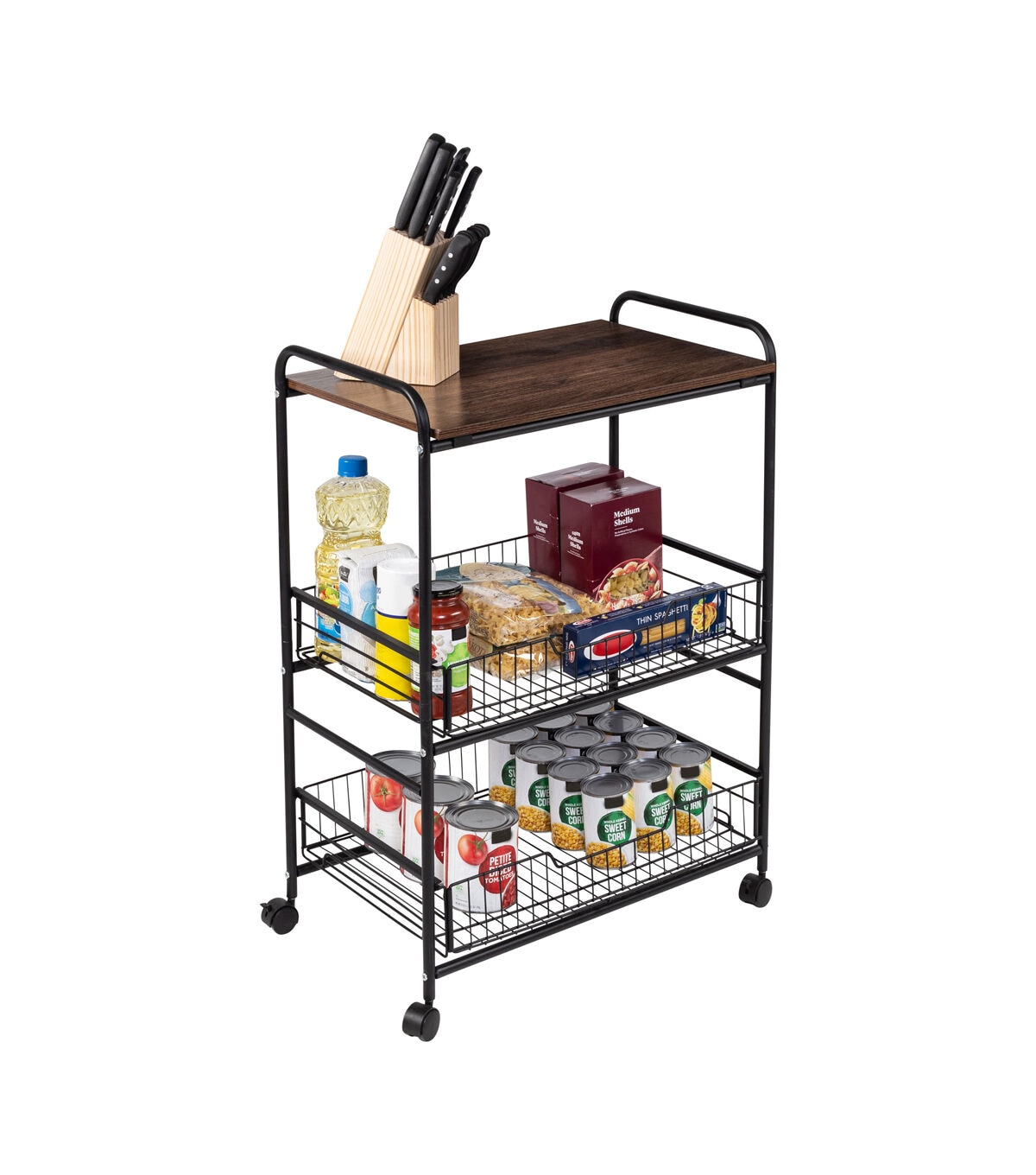 Honey Can Do 34 Black & Walnut 3 Tier Cart With Wood Shelf & Baskets
