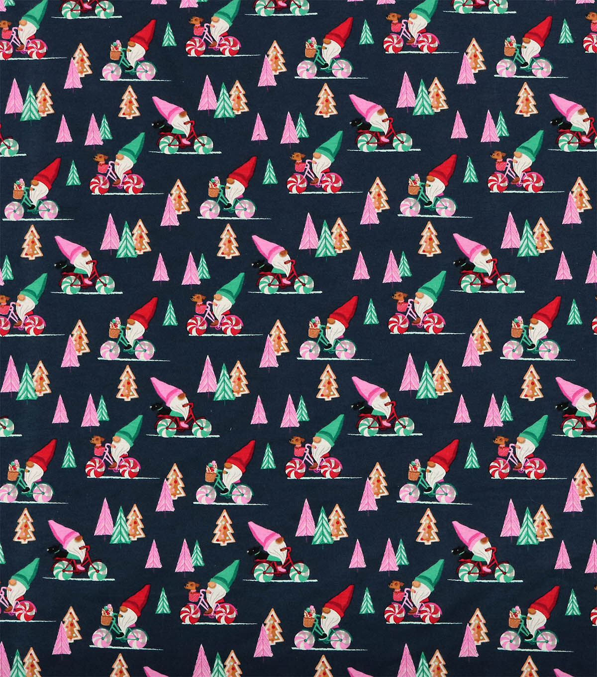 Gnomes Riding Bicycles on Black Super Snuggle Christmas Flannel Fabric