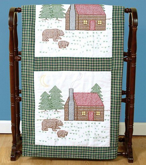 Jack Dempsey Needle Art 18 Cabin & Bears Stamped Quilt Blocks 6pk