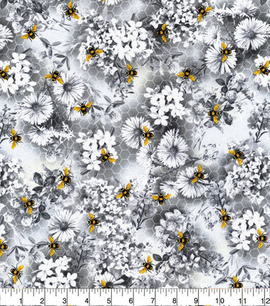 Hi Fashion Honey Bee Gray Floral Scene Premium Cotton Fabric