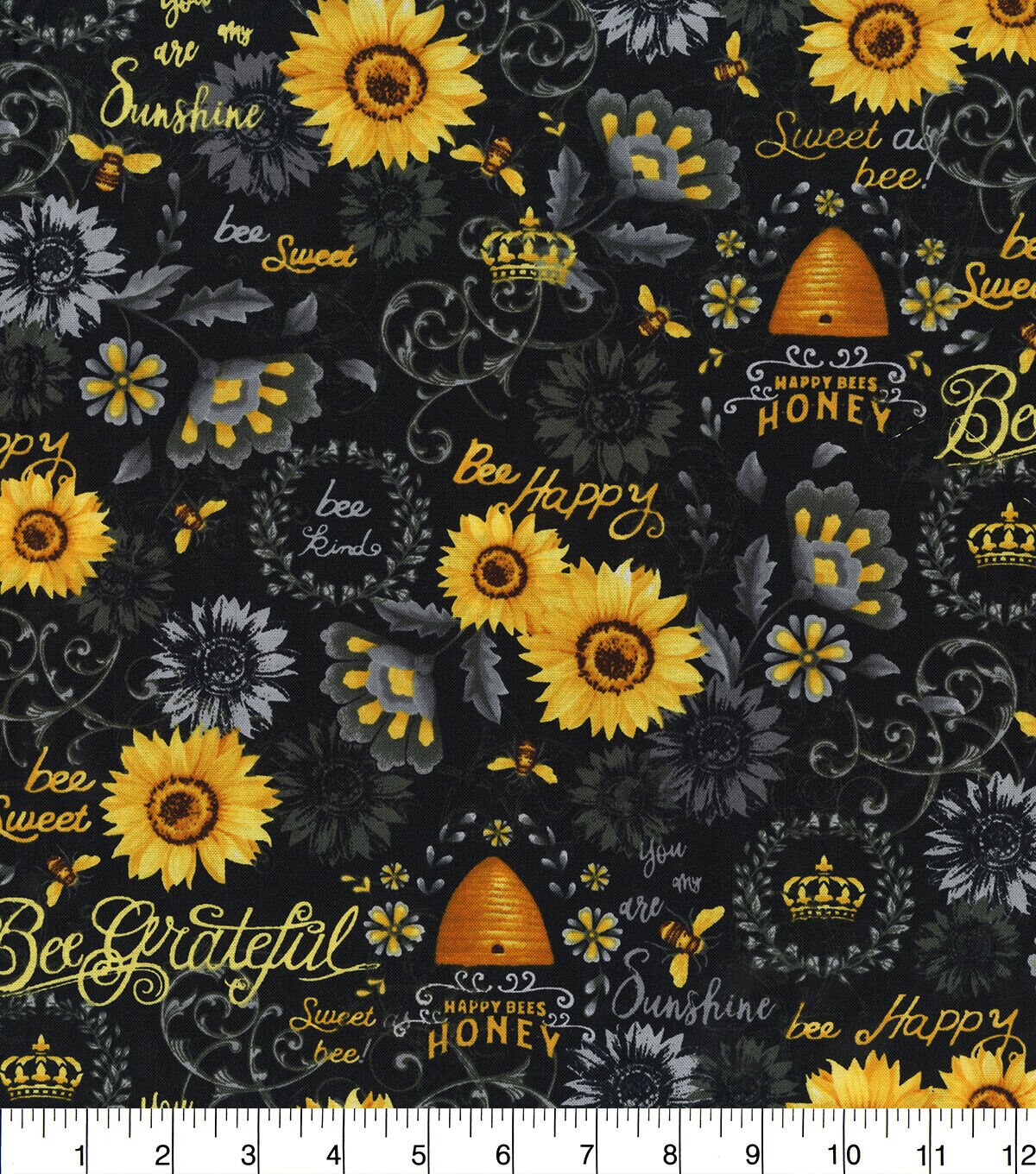 Hi Fashion Queen Bee And Sunflowers Black Premium Print Cotton Fabric