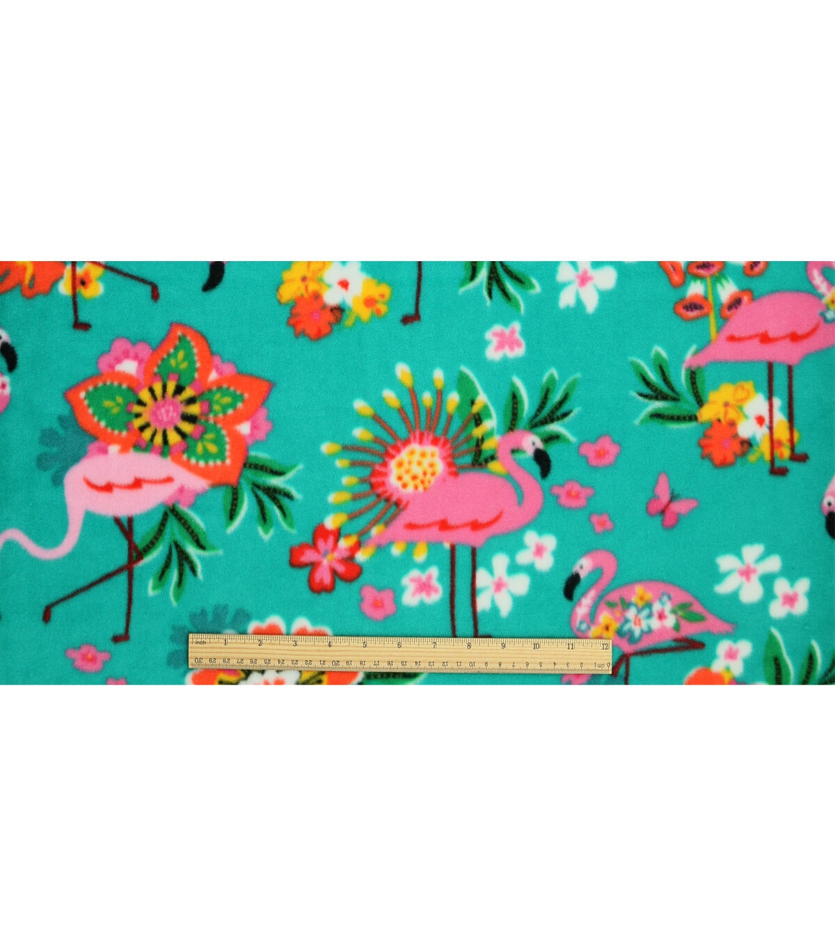 Tropical Floral Flamingo on Blue Anti Pill Plush Fleece Fabric