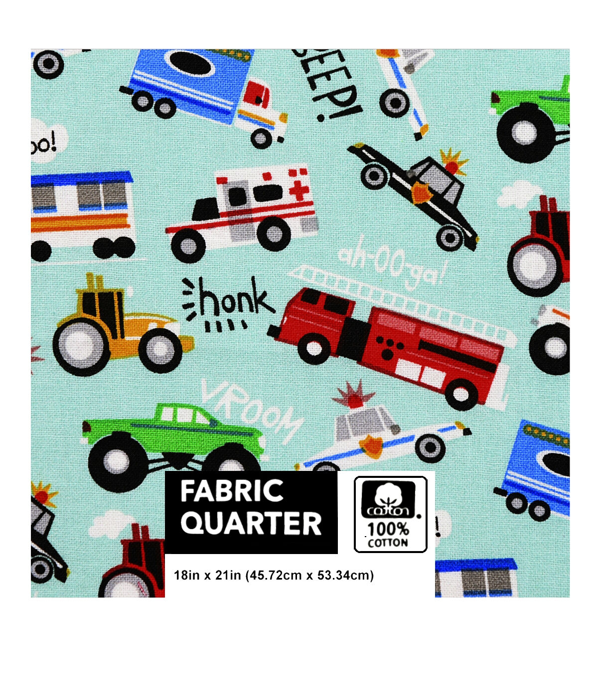 18 x 21 Beep Honk Vroom on Blue Novelty Cotton Fabric Quarter 1pc