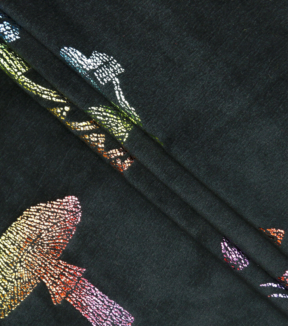 Mutlicolor Metallic Mushrooms on Black Pure Plush Fleece Fabric