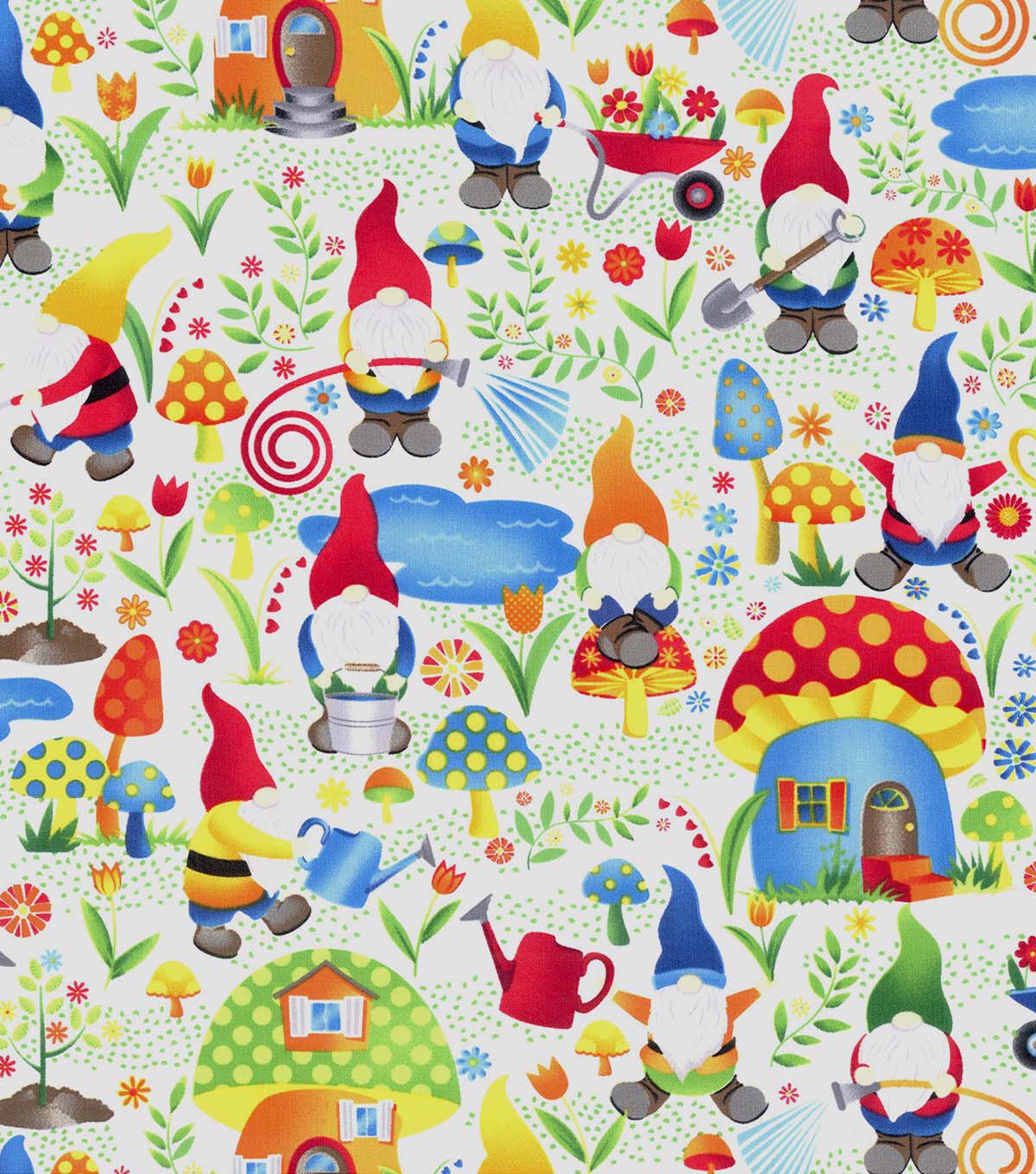 Hi Fashion Gnomes & Mushroom Village on Green Novelty Cotton Fabric