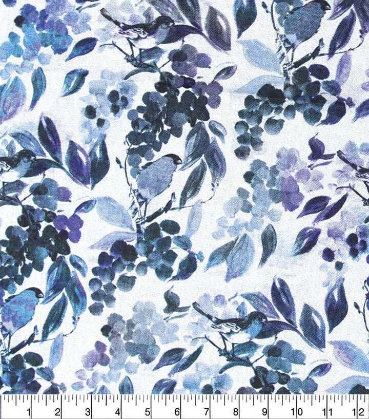 Blue Watercolor Leaves & Birds Quilt Cotton Fabric by Keepsake Calico