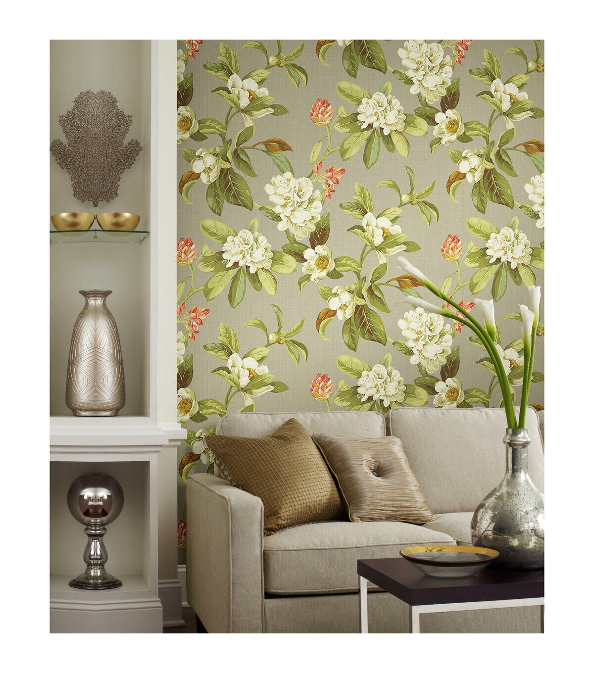RoomMates 18 x 18' Floral on Beige Live Artfully Peel & Stick Wallpaper