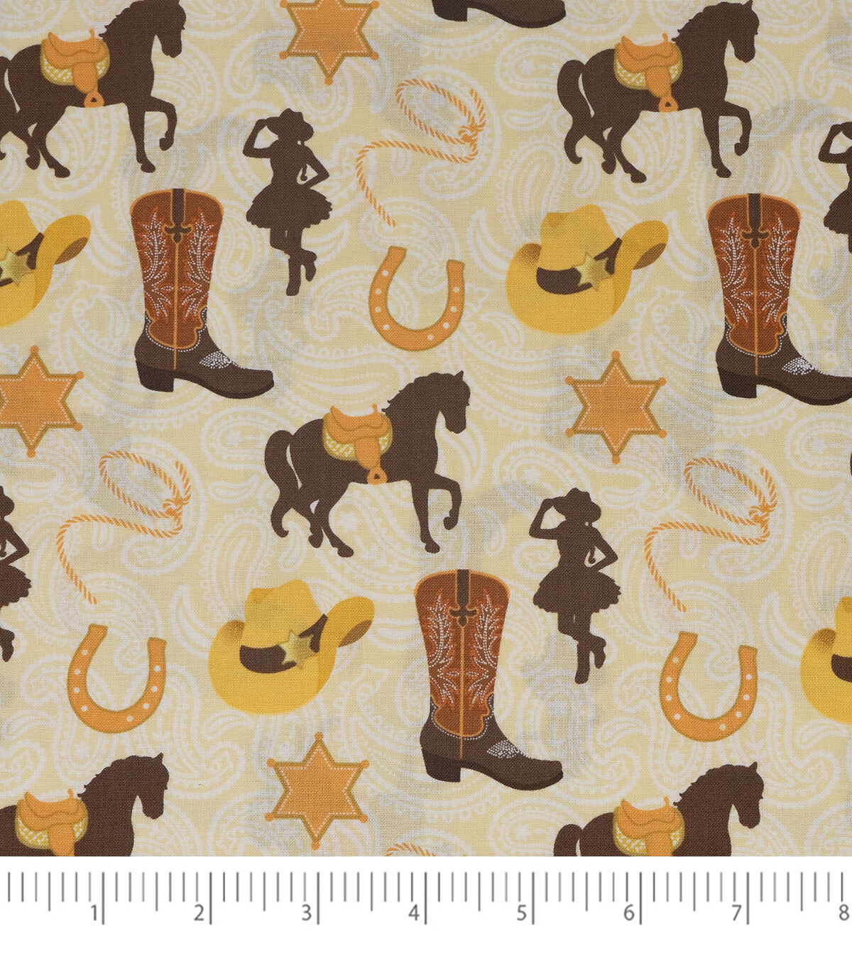Western Cowgirl on Brown Novelty Cotton Fabric