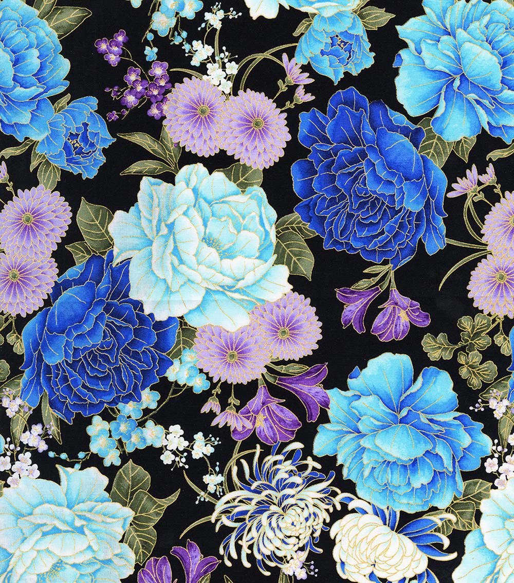 Hi Fashion Blue & Purple Rose Premium Metallic Cotton Fabric