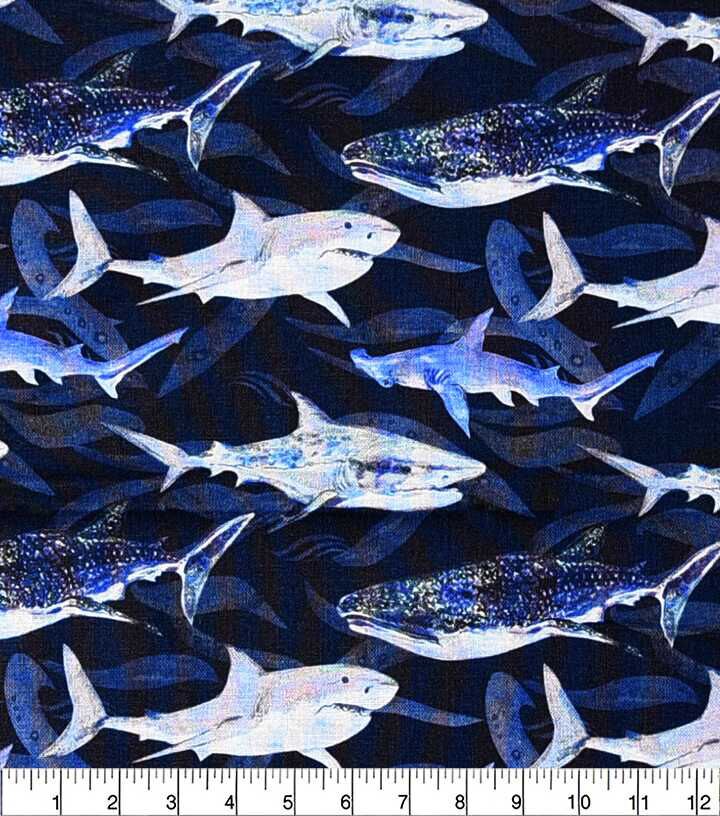 Sharks On Navy Novelty Print Fabric