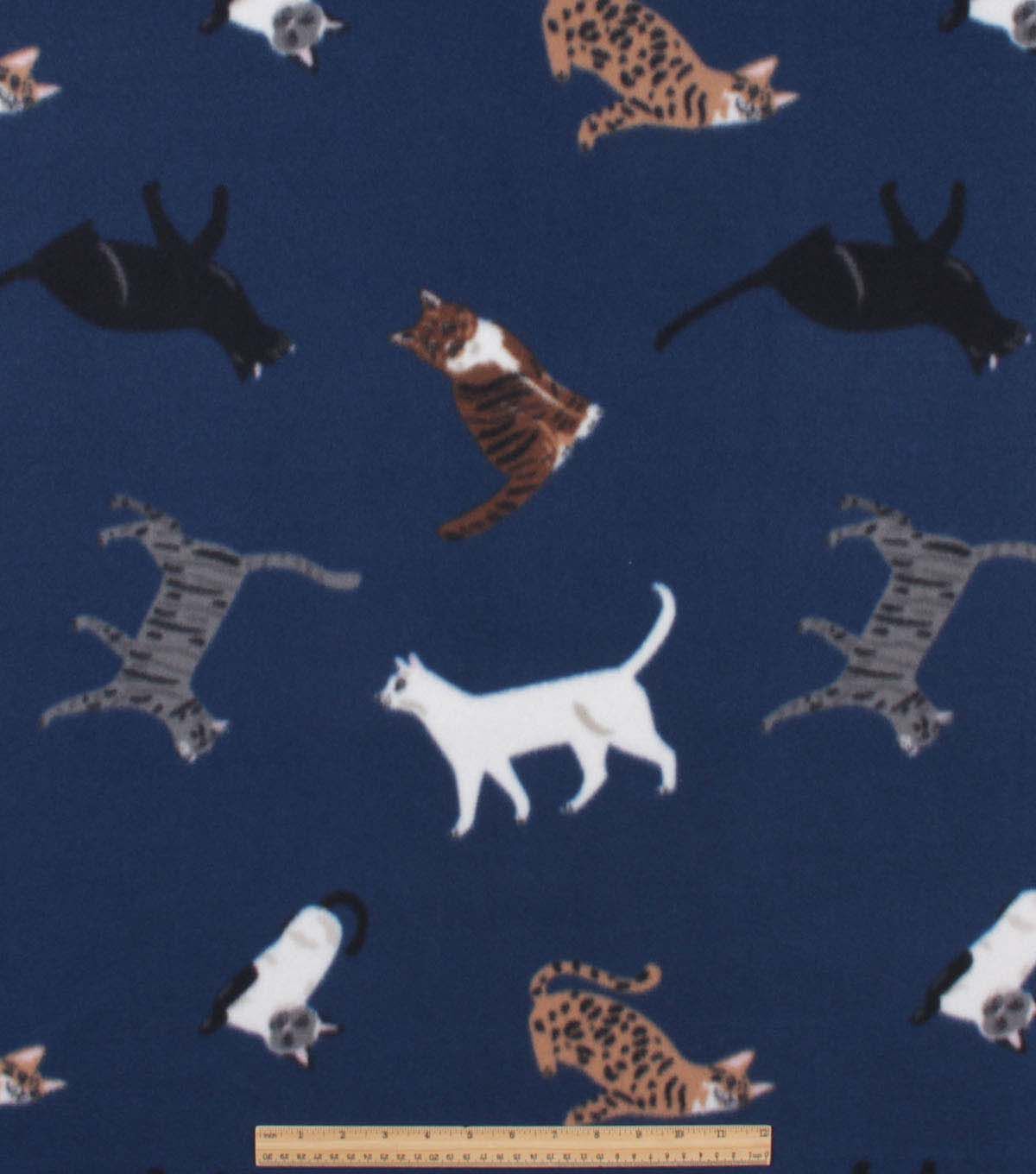 Sitting Cats on Dark Blue Blizzard Fleece Fabric