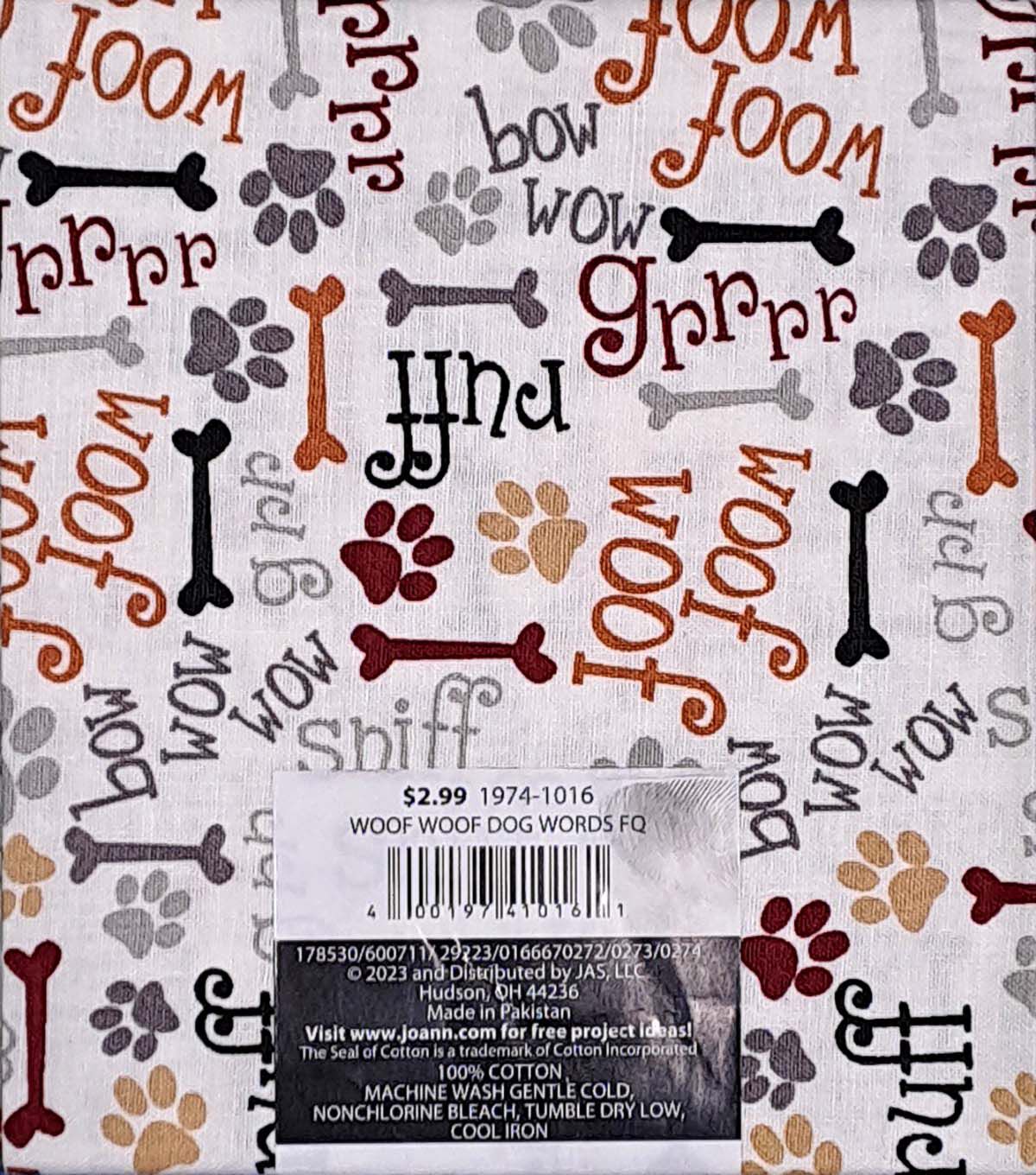 18 x 21 Woof on White Novelty Cotton Fabric Quarter 1pc