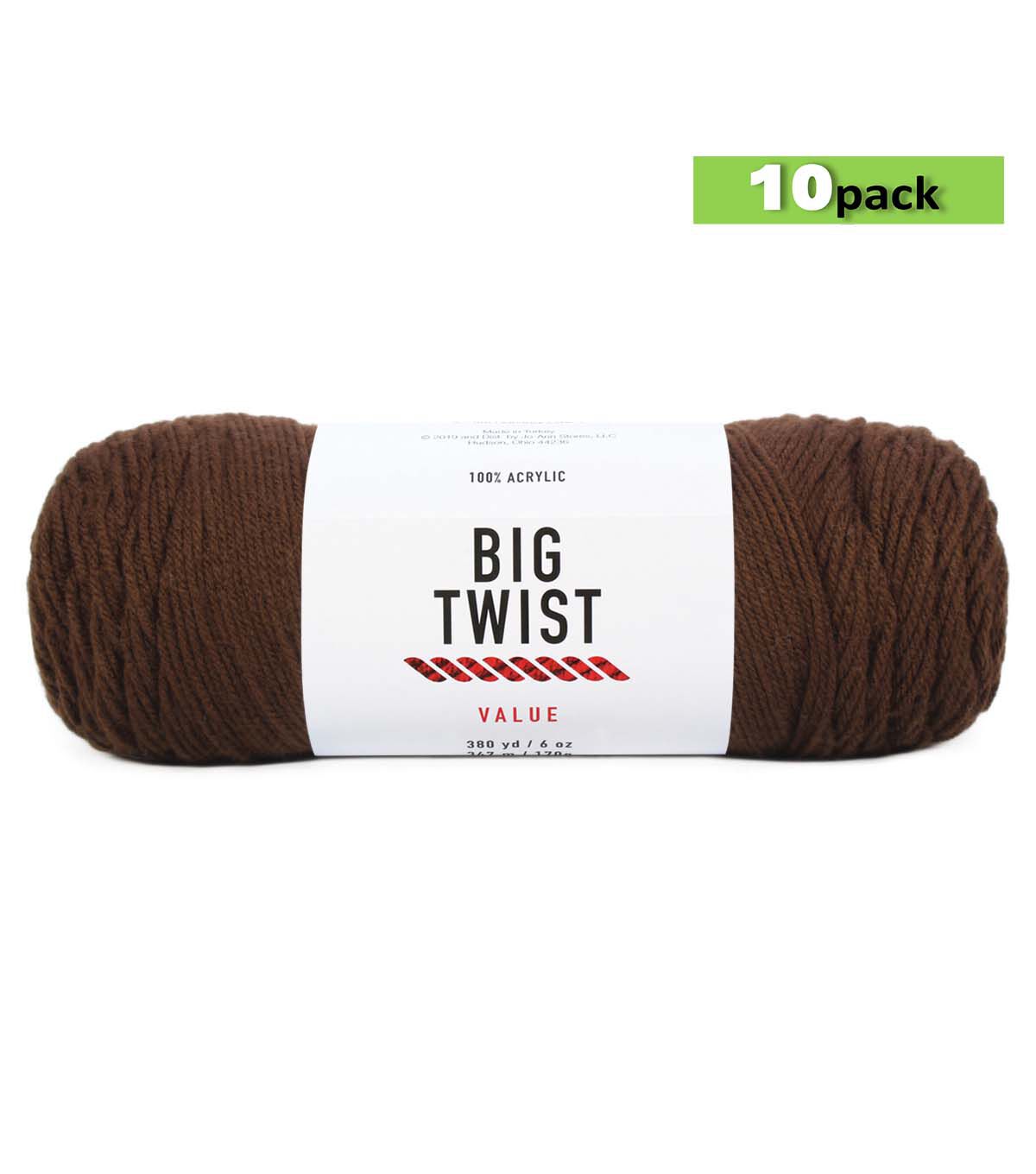 10pk Solid Chocolate Medium Weight Acrylic 380yd Value Yarn by Big Twist