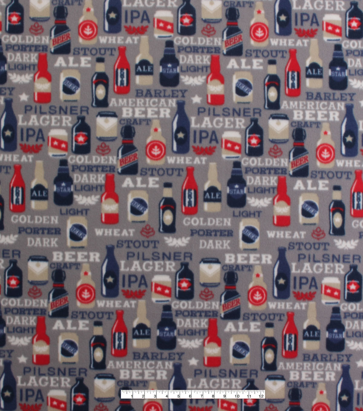 Beer Bottles on Gray Blizzard Fleece Fabric