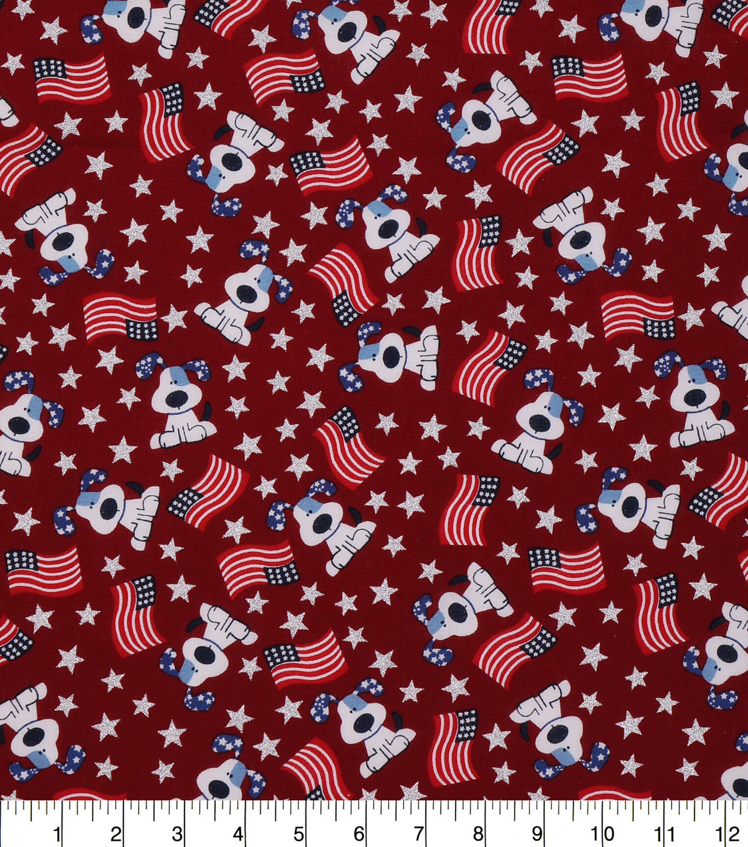 American Flag & Puppy Patriotic Glitter Cotton Fabric