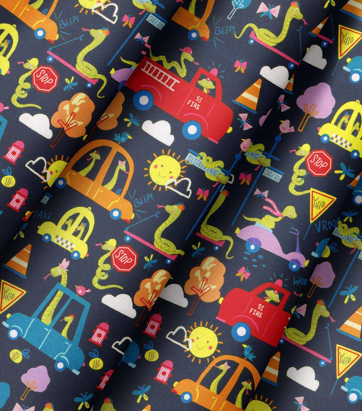 City Snakes on Navy Novelty Cotton Fabric