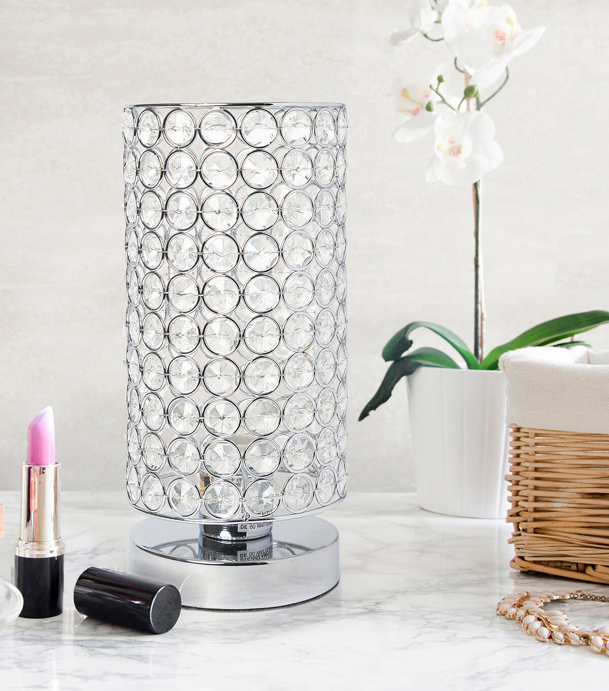 All The Rages Crystal Nightstand Cylindrical Uplight Table Lamp, Chrome