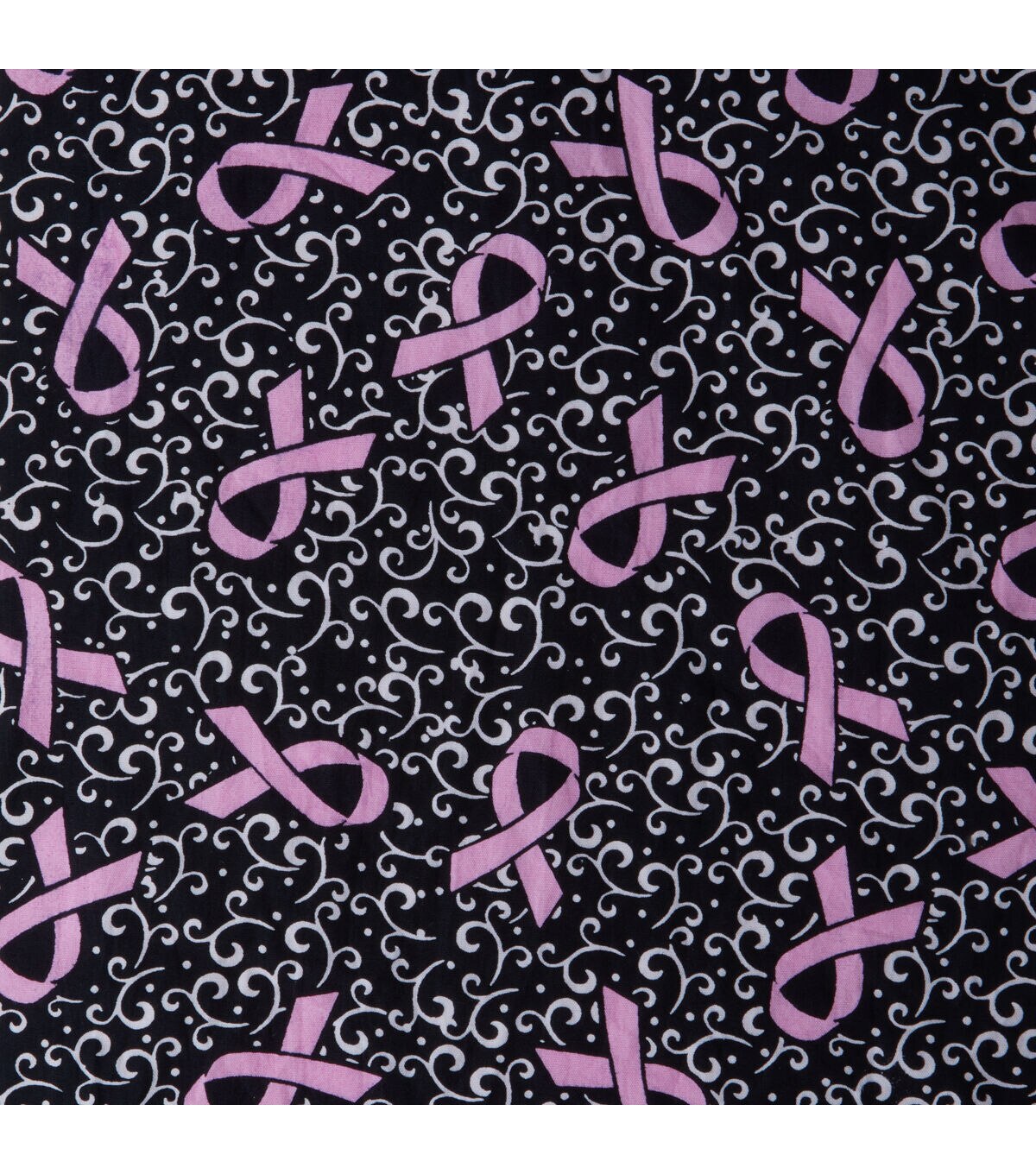 Breast Cancer Ribbons & Swirls Black Batik Cotton Fabric