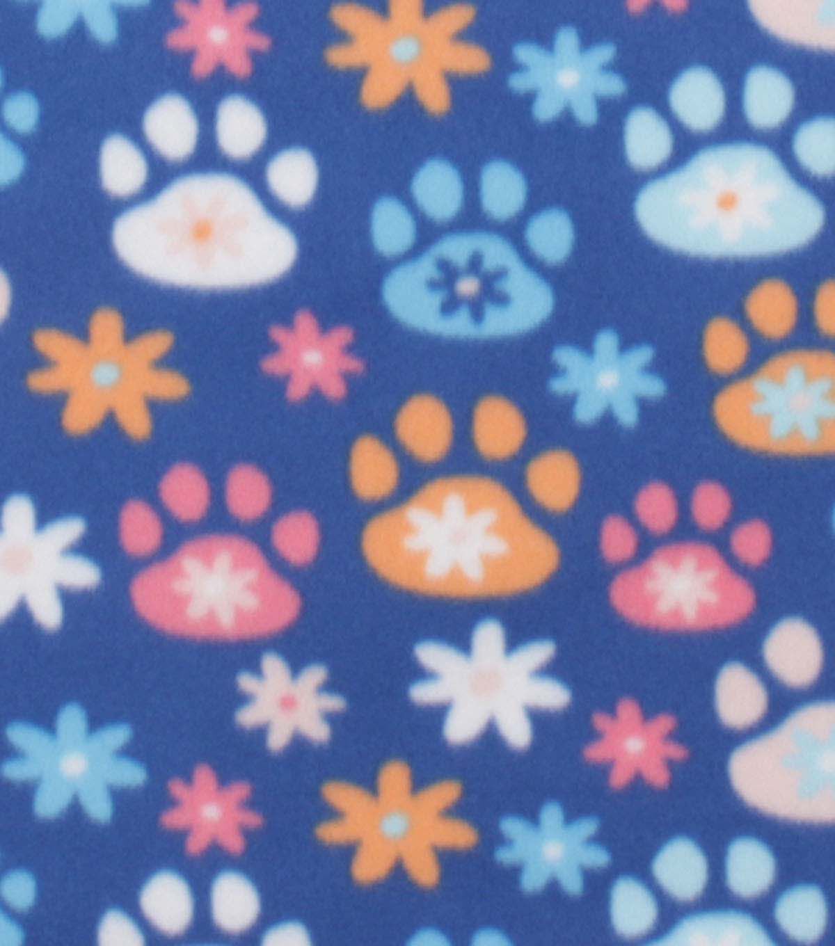 Floral Paw Prints on Blue Blizzard Fleece Fabric